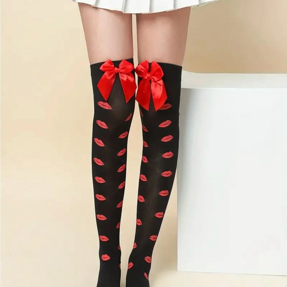 Lips Kiss Mesh Thigh High Stockings Bow Decor Valentines Day Over The Knee Socks